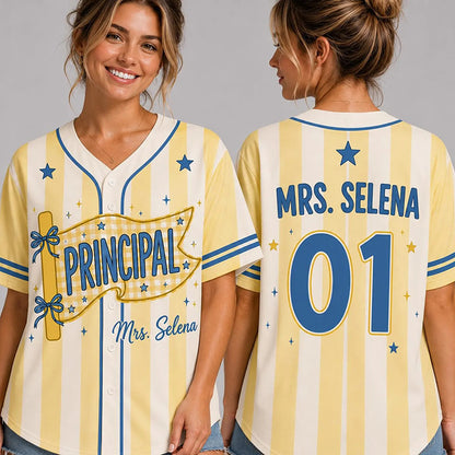Personalized Grade And Name Gingham Pennant Teacher Baseball Jersey