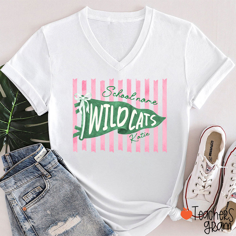Personalized Mascot Pennant Bow Pink Striped V-Neck T-Shirt