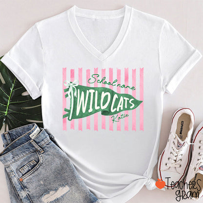Personalized Mascot Pennant Bow Pink Striped V-Neck T-Shirt