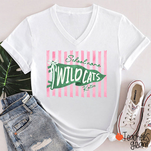 Personalized Mascot Pennant Bow Pink Striped V-Neck T-Shirt