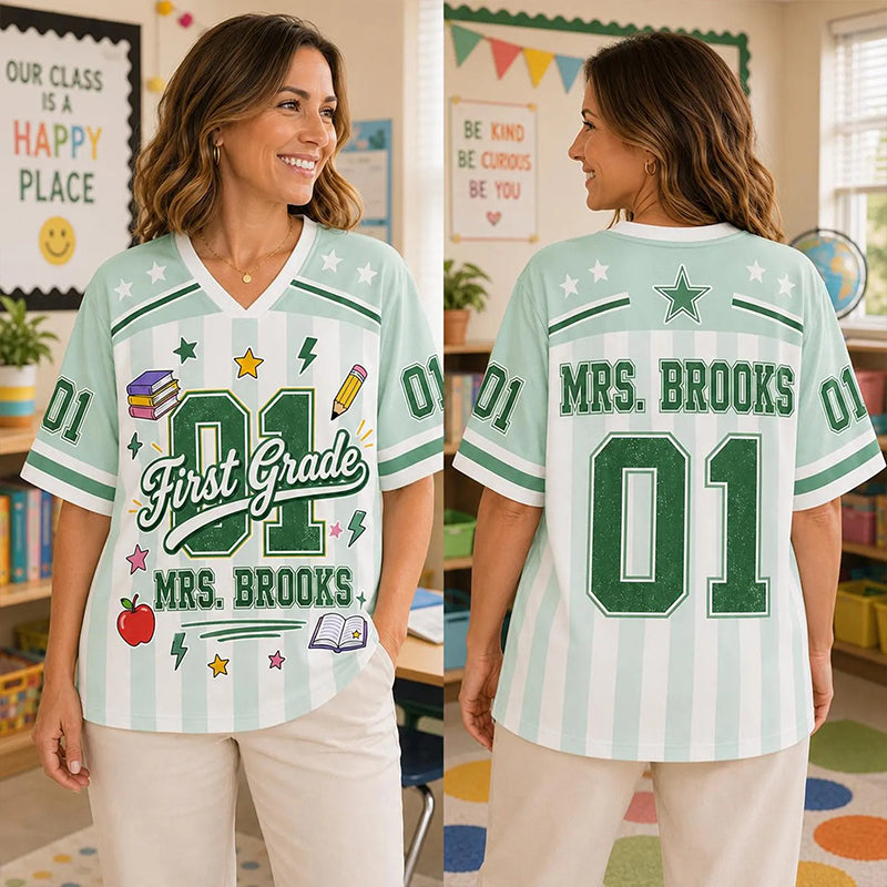 Personalized Grade Name Pastel Stripe Teacher Mesh Jersey