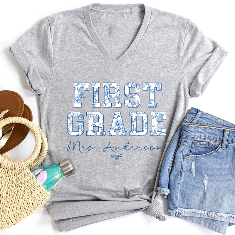 Personalized Name And Grade Trendy Teacher Female V-Neck T-Shirt