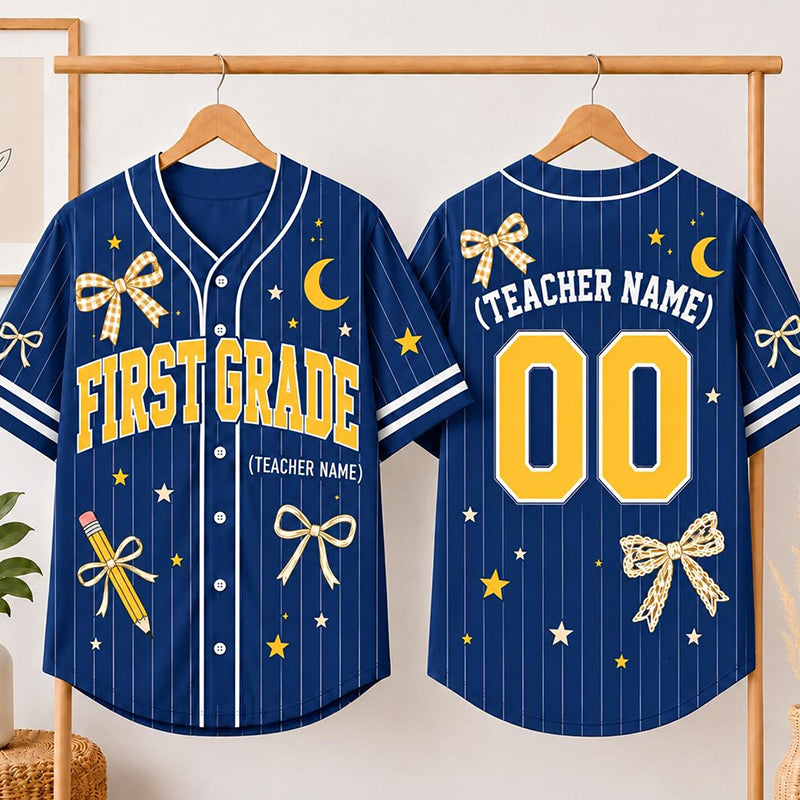 Personalized Grade And Name Bow Pencil Star Moon Graphic Teacher Baseball Jersey