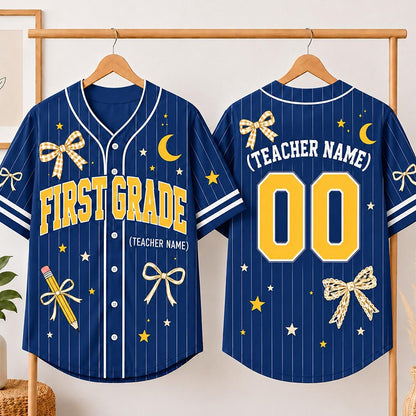 Personalized Grade And Name Bow Pencil Star Moon Graphic Teacher Baseball Jersey
