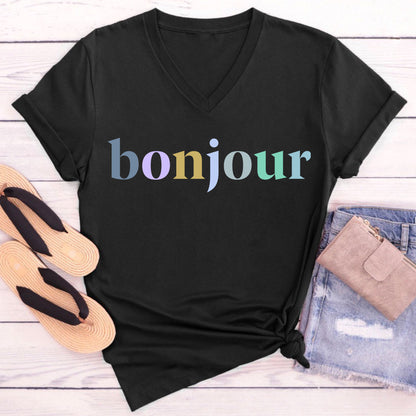 Bonjour French Teacher Female V-Neck T-Shirt
