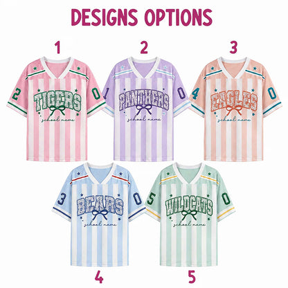 Personalized Mascot Name Preppy Stripes Bow First Day Teacher Mesh Jersey