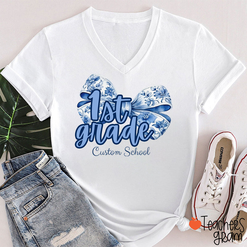 Personalized Bow Tie And Swash Teacher Female V-Neck T-Shirt
