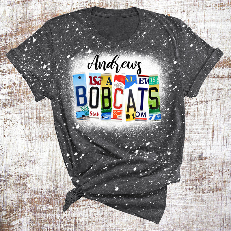 Personalized Mascot And School Name License Plates Bleached Teacher Printed T-Shirt