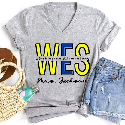 Personalized School Name Abbreviation School Color Teacher Female V-Neck T-Shirt