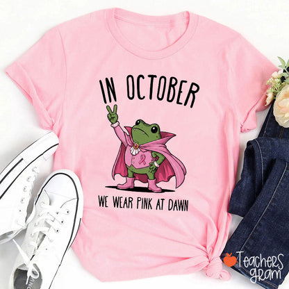In October We Wear Pink At Dawn Cute Vampire Frog Teacher T-Shirt