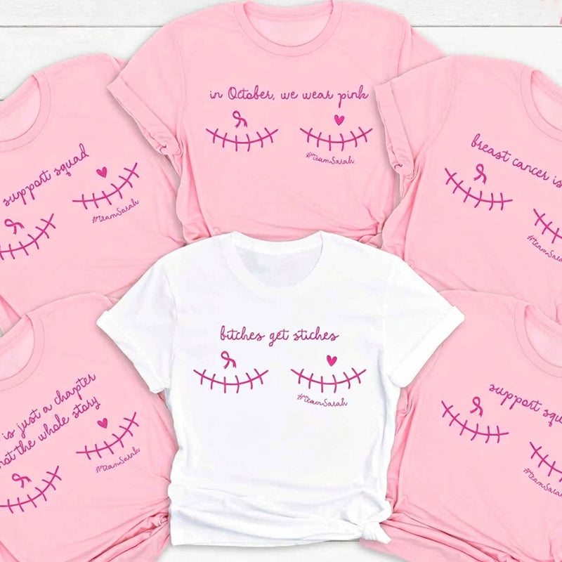 Personalized In October We Wear Pink Pink Ribbon Awareness Graphic Teacher T-Shirt