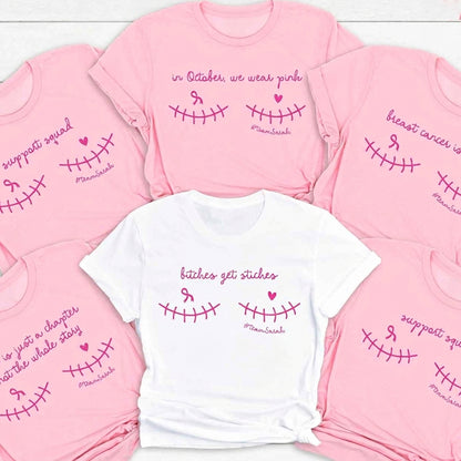 Personalized In October We Wear Pink Pink Ribbon Awareness Graphic Teacher T-Shirt