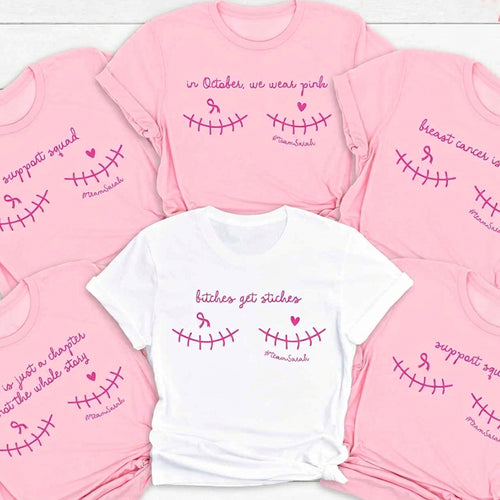 Personalized In October We Wear Pink Pink Ribbon Awareness Graphic Teacher T-Shirt