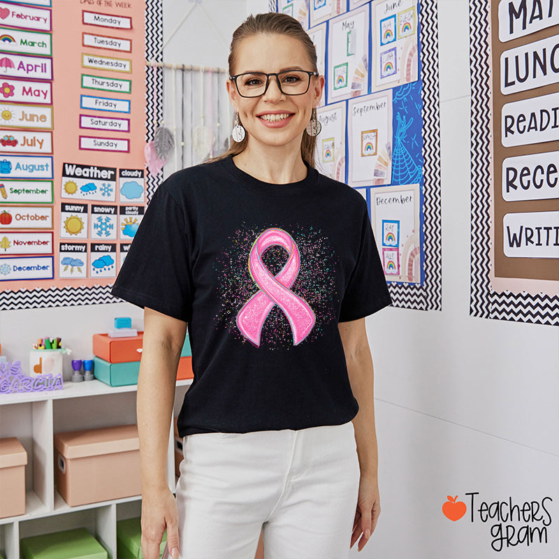 Sparkly Pink Ribbon Awareness Teacher T-Shirt