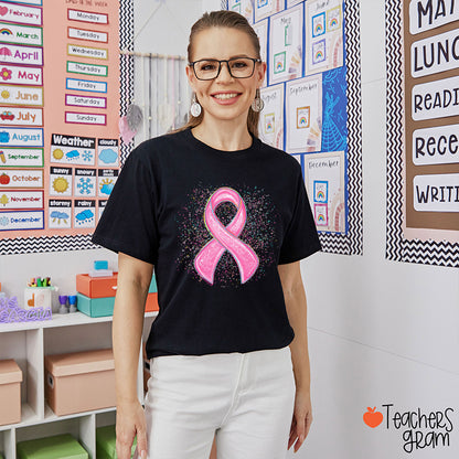 Sparkly Pink Ribbon Awareness Teacher T-Shirt