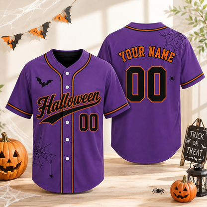 Personalized Name Number Retro Script Halloween Spider Web Baseball Jersey