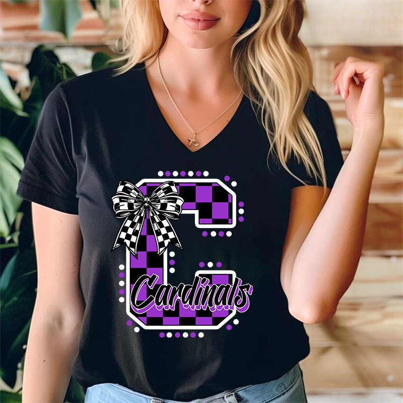 Personalized Mascot Checkered Print Teacher Female V-Neck T-Shirt