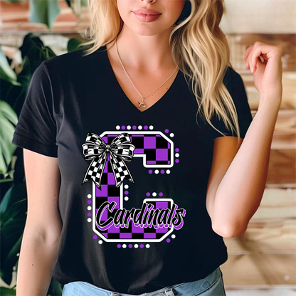 Personalized Mascot Checkered Print Teacher Female V-Neck T-Shirt