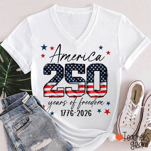 USA 250 Years Of Freedom 1776-2026 Teacher Female V-Neck T-Shirt