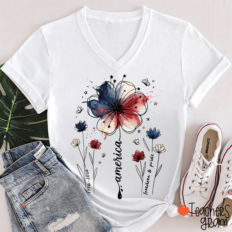 1776-2026 America Freedom And Pride Teacher Female V-Neck T-Shirt