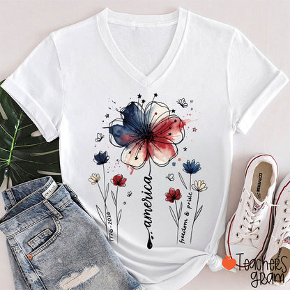1776-2026 America Freedom And Pride Teacher Female V-Neck T-Shirt