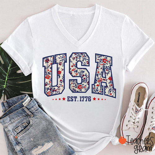 Retro Floral USA Teacher Female V-Neck T-Shirt