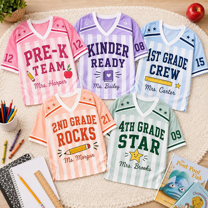 Personalized Grade And Name Preppy Stripes Pennant First Day Teacher Mesh Jersey
