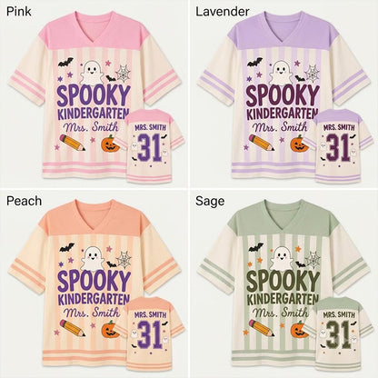 Personalized Grade Name Number Halloween Ghost Striped Teacher Mesh Jersey