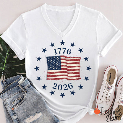 USA Flag 250 Years Teacher Female V-Neck T-Shirt