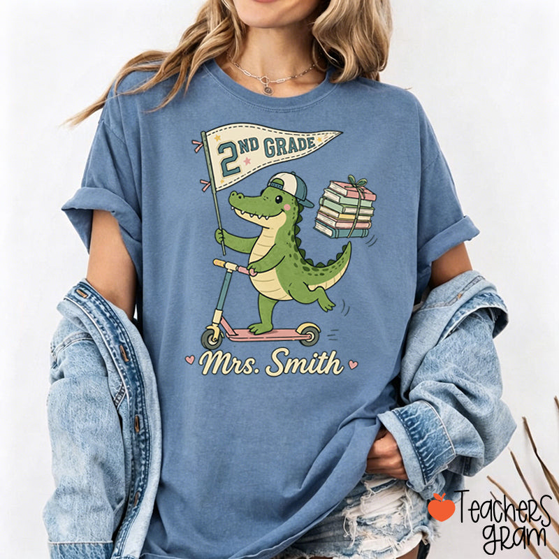 Personalized Name And Grade Pennant Book Skate Teacher T-Shirt