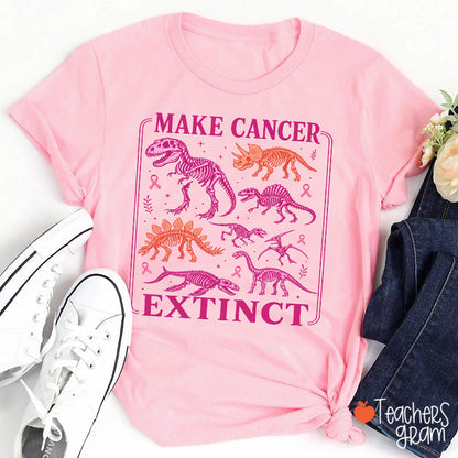 Make Cancer Extinct Dinosaur Skeleton Pink Ribbon Teacher T-Shirt