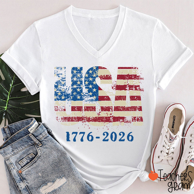 USA 1776-2026 Teacher Female V-Neck T-Shirt