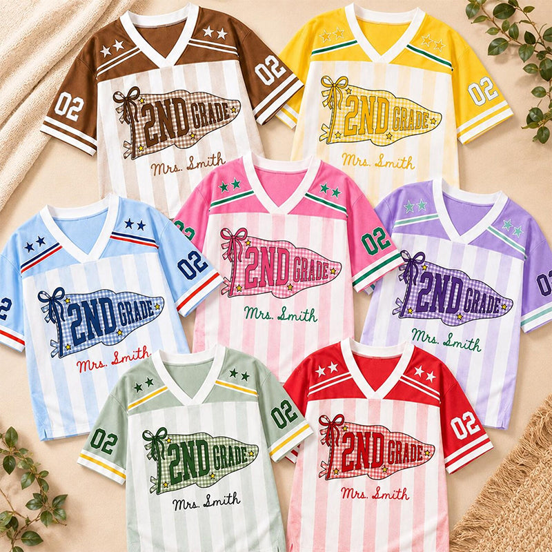 Personalized Grade And Name Preppy Color Block Stripes Pennant First Day Teacher Mesh Jersey