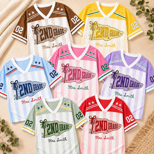 Personalized Grade And Name Preppy Color Block Stripes Pennant First Day Teacher Mesh Jersey