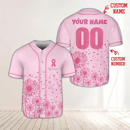Personalized Name And Number Breast Cancer Warrior Pink Ribbon Dandelion Teacher Baseball Jersey