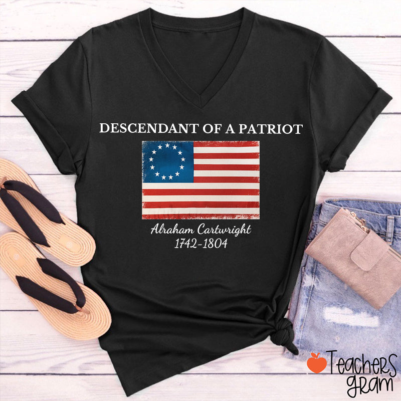 Descendant Of A Patriot Abraham Cartwright 1742-1804 Teacher Female V-Neck T-Shirt