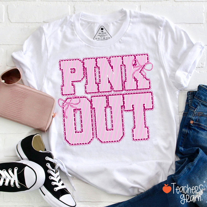 Pink Out Striped Lace Bow Breast Cancer Awareness Teacher T-Shirt