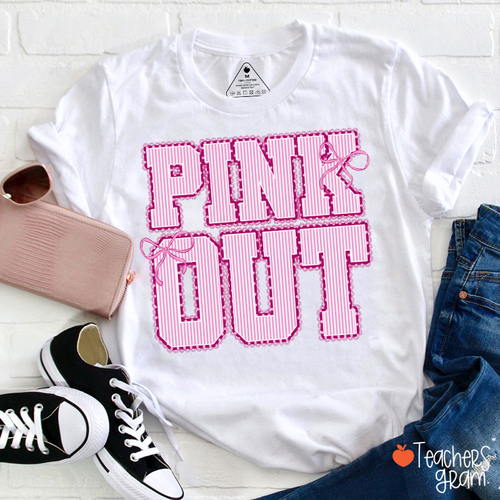 Pink Out Striped Lace Bow Breast Cancer Awareness Teacher T-Shirt