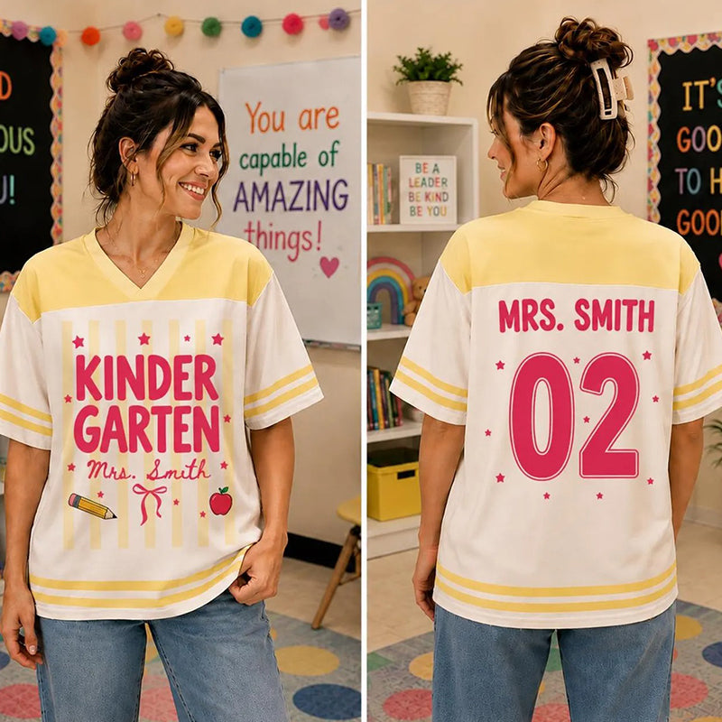 Personalized Grade Teacher Name And Number Apple Pencil Bow Teacher Mesh Jersey