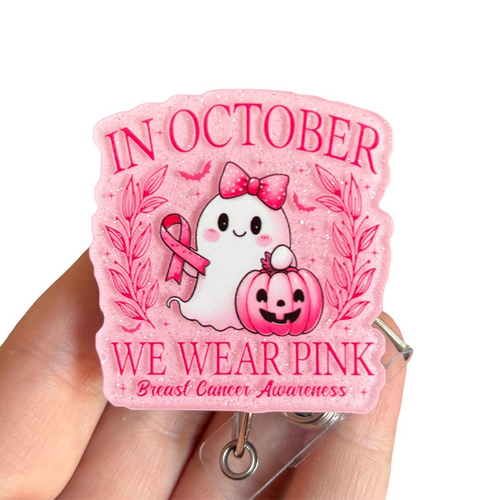In October We Wear Pink Ghost Pumpkin Breast Cancer Awareness Badge Reel