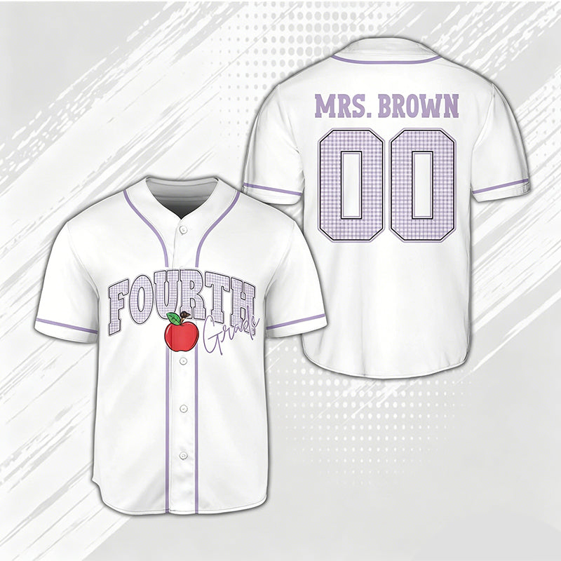 Personalized Grade And Name Gingham Apple Teacher Baseball Jersey