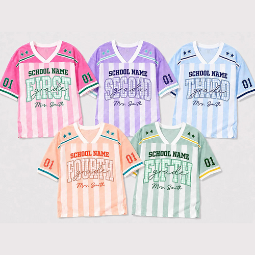 Personalized Grade Striped Gingham Star Print Teacher Mesh Jersey