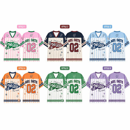 Personalized Grade And Name Preppy Stripes Patchwork First Day Teacher Mesh Jersey