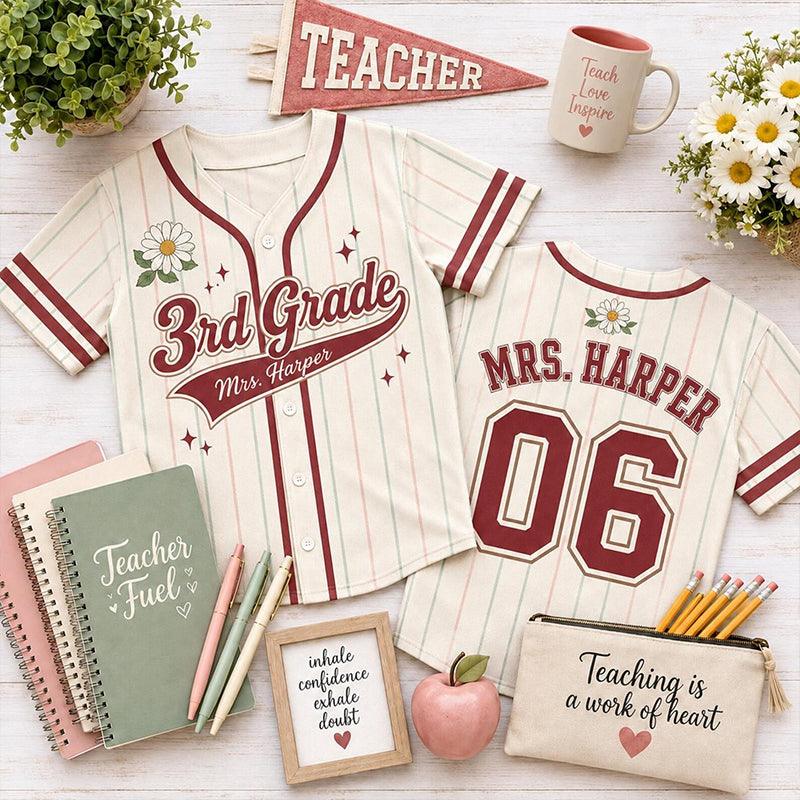 Personalized Grade Name Daisy Pinstripe Mesh Teacher Baseball Jersey