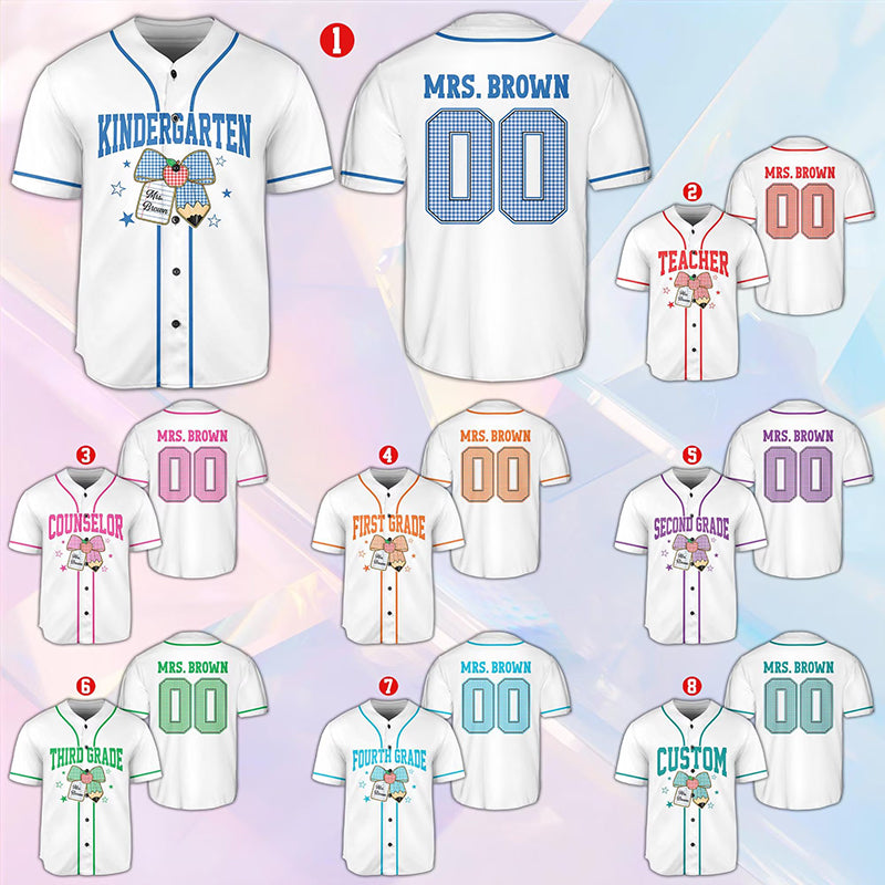 Personalized Grade And Name Pencil Bow Gingham Teacher Baseball Jersey