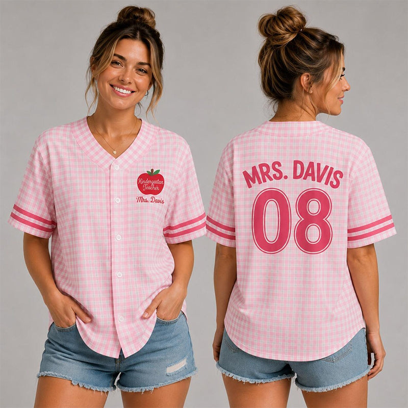 Personalized Grade And Name Apple Gingham Teacher Baseball Jersey