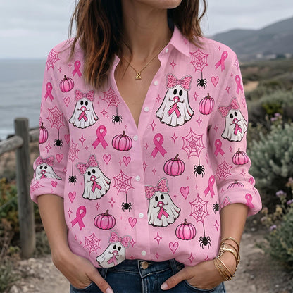 Pink Ribbon Ghost Halloween Teacher Long Sleeve Shirt