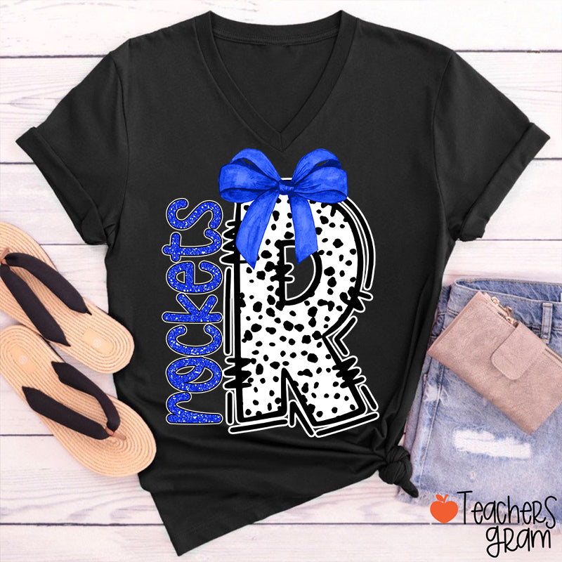 Personalized Mascot Coquette Bow Polka Dot V-Neck T-Shirt