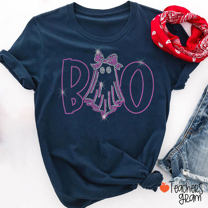 Glitter Print Boo Bow Ghost Halloween Teacher T-Shirt