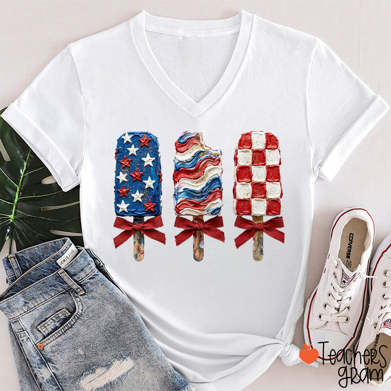 Patriotic Popsicle Teacher Female V-Neck T-Shirt